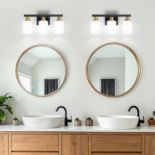Image of 3-Light Vanity Lights Black and Gold Bathroom Light Fixtures 17in | White Frosted Ribbed Glass Shade Modern Black Vanity Lights Bathroom Lighting Fixtures over Mirror Wall Sconces E26 Base