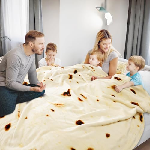 Image of Bnuitland 90 Inches Tortilla Burritos Pattern Blanket with Pouch, 300 GSM Double Sided Giant Flour Novelty Taco Funny Realistic Food Blanket for Bed Sofa, Super Soft Flannel for Adults