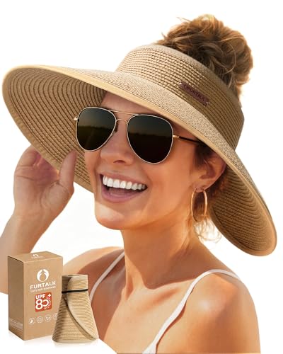 FURTALK Sun Visor Hats for Women Wide Brim Straw Ponytail Summer Beach Hat UV UPF Packable Foldable Travel Khaki
