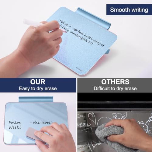 Image of TSJ OFFICE Small Desktop Whiteboard - Glass Dry Erase Board 8 X 6 Inches Tabletop Easel Whiteboard with Stand, Desk Board Buddy for Artist, Teacher and Student - Blue & Gold