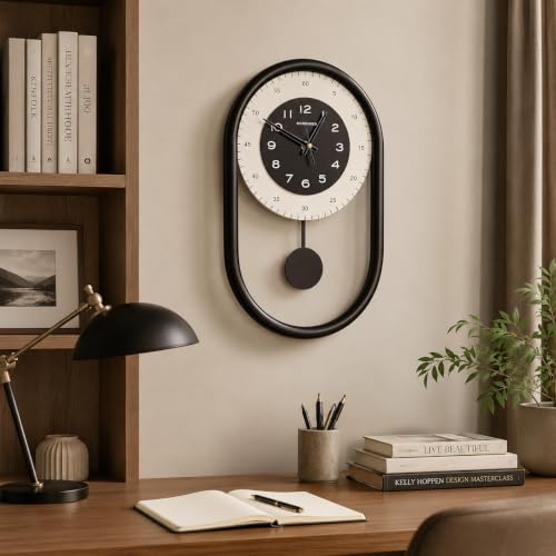DORBOKER Modern Pendulum Wall Clock - Decorative Minimalist Metal Wall Clock for Living Room Décor -8 * 15.5 inch Silent Battery Operated Kitchen Wall Clock (Black) — view 5