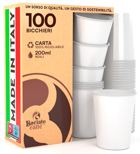 100 Bicchieri in Carta Bianchi 200ml Ecologici Biodegradabili Monouso Made in Italy Asporto Bevande Calde Acqua - Prodotto e confezionato in Italia