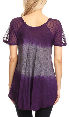 Sakkas Lily Casual Everyday Summer Short Sleeve Top Blouse with Block Print & Lace2