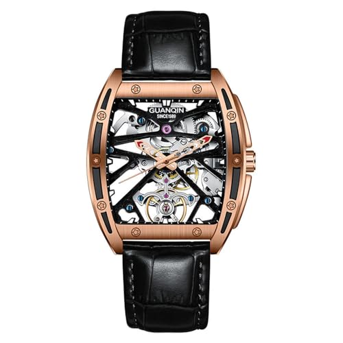 Guanqin Montre vintage pour homme à cadran squelette automatique à remontage mécanique avec bracelet en cuir, verre saphir, étanche, lumineuse, double...