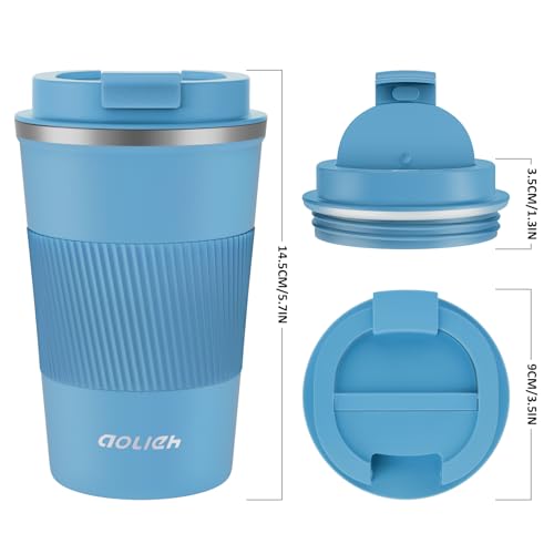 Image of Travel Mug 380 ml, Insulated Coffee Cup with Lid, Reusable Stainless Steel Thermal Cup for Coffee, Tea & Cold Drinks, Leak-Resistant Double-Walled Travel Mug, Azure Blue
