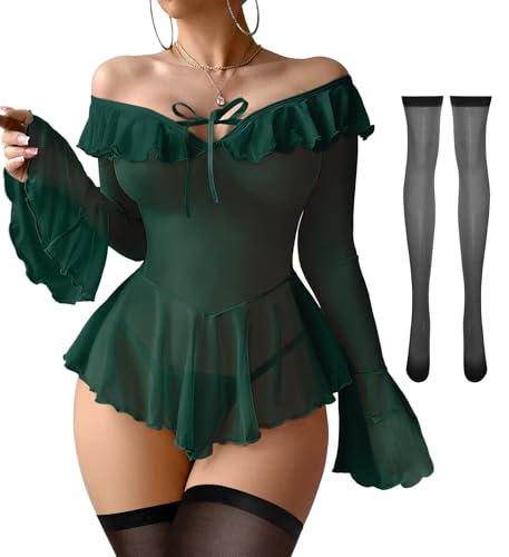 Image of Foxiny Sheer Ruffle Long Sleeve Babydoll Lingerie Dress | Off-shoulder neckline, flared cuffs and a flounce hem add movement; thong and thigh-high stockings complete the 3-piece set