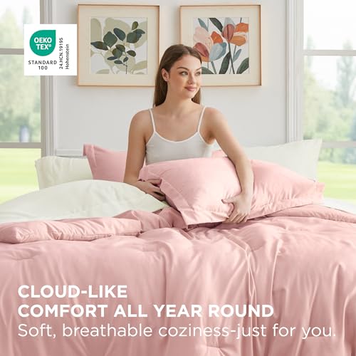 Image of Bedsure Queen Comforter Set - 7 Pieces Pink Queen Bedding Set for All Seasons, Boho Contrasting Design Bed in a Bag with Comforter, Sheets, Pillowcases & Shams
