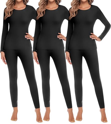 Ekouaer 3 Sets Thermal Underwear for Women Long Johns Long Sleeve Base Layer for Cold Weather S-XXL