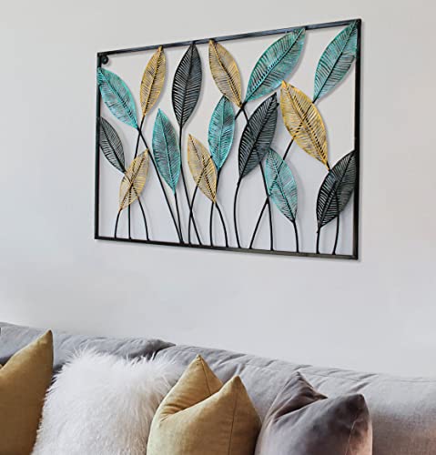 Image of iHandikart Modern Metal Wall Art | 31x22 Inch Horizontal Botanical Leaf Sculpture | Gold, Blue, & Black Framed Decor for Living Room, Dining Room, and Office