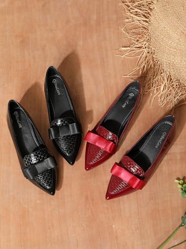 Image of Womens Comfortable Patent Leather Chunky Loafer Pumps with Bow Pointed Closed Toe Penny Loafers 1 Inch Low Block Heeled Loafers Shoes for Women Party Business