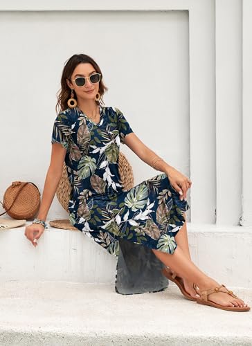 Image of MISFAY Womens Maxi Dress Short Sleeve V Neck Loose with Pockets | Soft stretchy breathable, v neck loose fit, side split hem, two side pockets, casual daily beach vacation travel dress