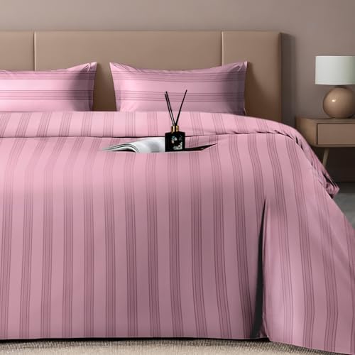 Image of Sassoon Artemis Italian Jacquard Weave Sateen Cotton Bedsheet - 400 TC, Cotton, Stripe Design, King Size (108 x 108 inches), Color: Mauve, Soft, Breathable, - 1 Bedsheet + 2 Pillow Covers