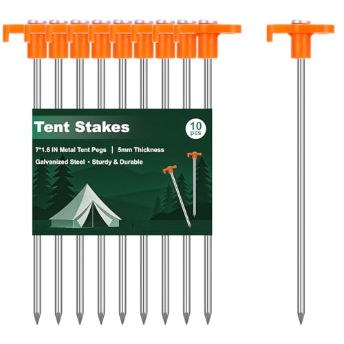 FEED GARDEN Heavy Duty Tent Stakes 7 Inch - 10 Pack Galvanized Steel Ground Anchors for Camping Tents, Canopy, Tarp - Rust Resistant Metal Pegs with High Visibility Orange Head