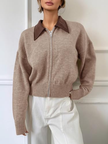 Saodimallsu Womens Zip Up Barn Jacket Cropped Faux Leather Collared Open Front Long Sleeve Fall Cardigan Sweaters3