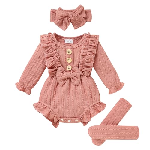 Image of GRNSHTS Newborn Baby Girl Clothes Ruffle Solid Sweater Long Sleeve Romper+Hairband+Socks 3Pcs Fall Winter Outfits