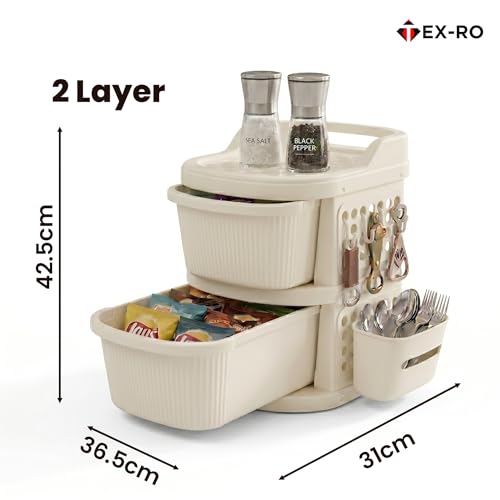Image of TEX-RO 3 Layer Plastic Drawer Cabinet with Wheels & Side Hooks | Stackable Storage Trolley Organiser for Kitchen, Bedroom, Bathroom | Multipurpose Drawers Organisers Rack with Basket - Ivory
