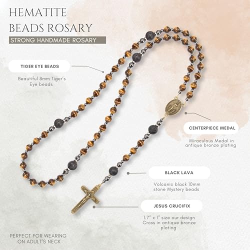 Nazareth Store Rosary Beads for Men, Catholic Rosary Necklace, Tiger Eye Beads Strong Rosary Cross Necklace in Portable Gift Box4