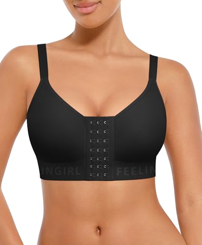 FeelinGirl Post Surgery Compression Bra Front Closure Bras for Women Mastectomy with Front Closure Wireless Bra Black M