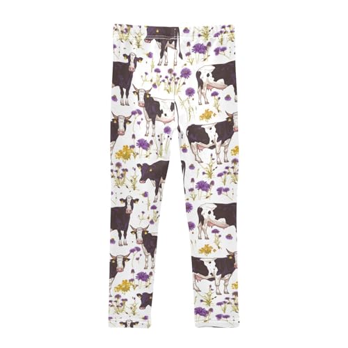 Wusikd Black White Cow Girls' Leggings Toddler Doodles Print Daisies Kids Yoga Pants Dance Active Tights 4T2