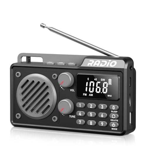 UMUTOO Radio Portátil Am/FM/SW con Bluetooth Pequeña Radio Recargable con Altavoz, Función Temporizadora y Puertos USB/TF/AUX para Cocina, Dormitorio y Exterior