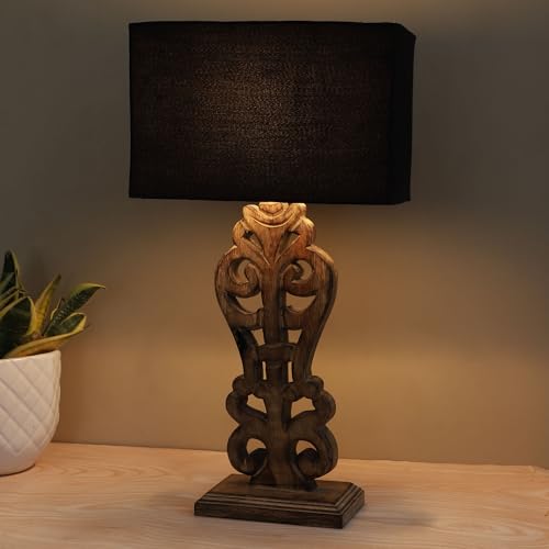 Image of tu casa Mangowood Rustic Brown French Table Lamp for Home Decoration, Bedroom, Living Room, Lounge, Office, Festival Gifting, Study Table (Black with Cotton Shade) H - 21 inch / No Bulb