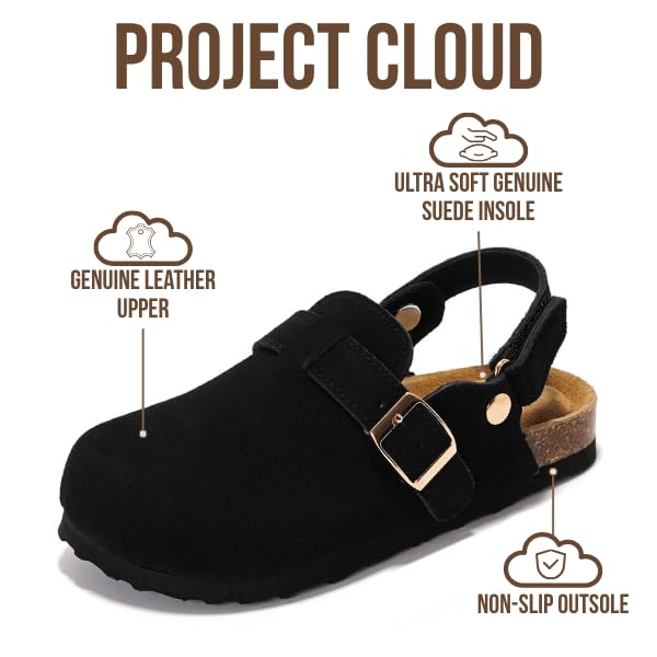 Image of Project Cloud Kids Clogs 100% Genuine Leather with Natural Cork Footbed & Memory Foam Insole Arch Support - Non-Slip Clogs for Kids - Slippers Sandals for Boys & Girls Footwear