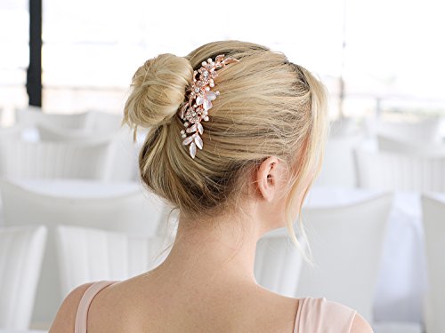Mariell Rose Gold Designer Bridal Hair Comb Wedding Headpiece - Hand-Painted Leaves, Crystals & Pearls #TOP4