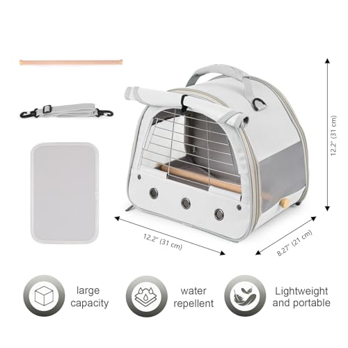 Image of Bird Travel Carrier Cage, with Stainless Steel Metal Window and Wood Perch, Portable Bag for Cockatiel Parakeet Conure Green Cheek Budgie (Grey, Steel Window)
