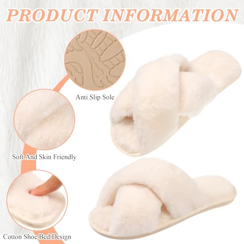 VAIPI 12 Pairs Womens Cross Band Fuzzy Slippers Bulk Plush House Slippers Bridesmaid Bridal Party Slipper White Open Toe Fluffy Slipper2
