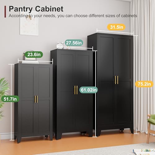 Image of Winiowa Metal Pantry Cabinet with 2 Doors and Adjustable Shelves, 61 inchKitchen Storage Cabinet with Gold Handles, Versatile Storage for Laundry, Living, Bathroom, Dining, Utility Room - Black