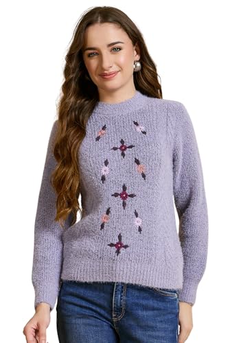 Image of Clapton Women's Floral Embroidered Knitted Pullover Sweater, Long Sleeve, Round Neck, Casual