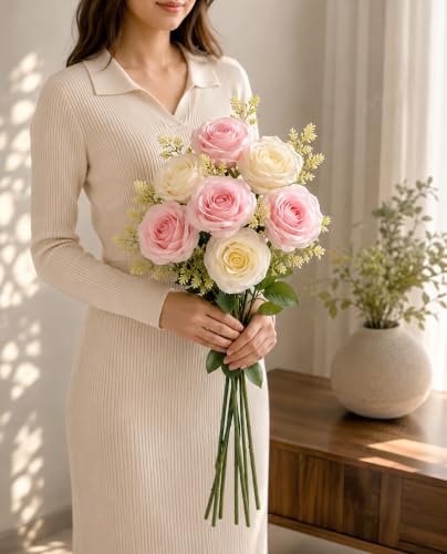 Image of Divyakosh Artificial Flowers Bunch (Vase Not Included). Artificial Flower for Vase, 8 Head Blush Pink & Cream Rose Arrangement, Luxury Floral Centerpiece for Living Room Dining Table Office Decor