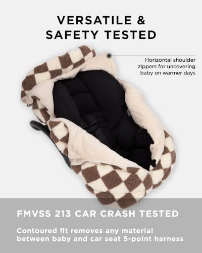 Image of 7AM Enfant Car Seat Covers - Cocoon Baby Cover for Boys & Girls, Rain & Snow Repellent, Breathable Windproof, Center Zipper, Universal Fit for Infant Car Seat (0-12M) (Print Checkers Tan)