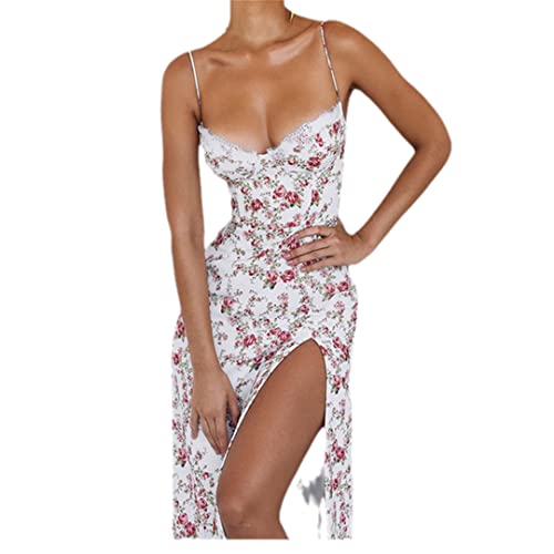 Robe longue à bretelles rétro en blanc S de coupe haute avec fente raffinée pour femme