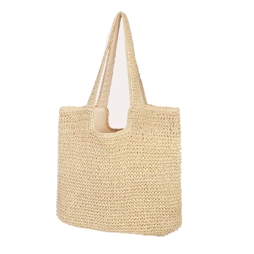 Straw Beach Tote Bag for Women, Summer Woven Tote Bag Shoulder Handbag Straw Beach Bags Shoulder Bag for Summer Beach Party (Beige)