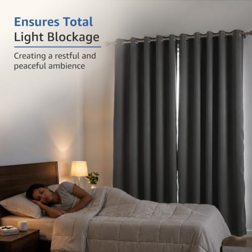 Image of Amazon Brand - Solimo Polyester 100% Blackout Plain Window Curtains|100% Blackout Window Curtains| 8 Feet |Set of 2| Plain Design |Blackout| for Living Room Kids Room and Bedroom | Color- Grey