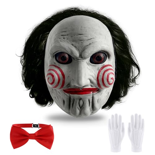 5th LILY Saw Billy Mask The Scary Puppet Clown Mask with Adjustable Red Bow Tie & White Gloves Halloween Mask Adult