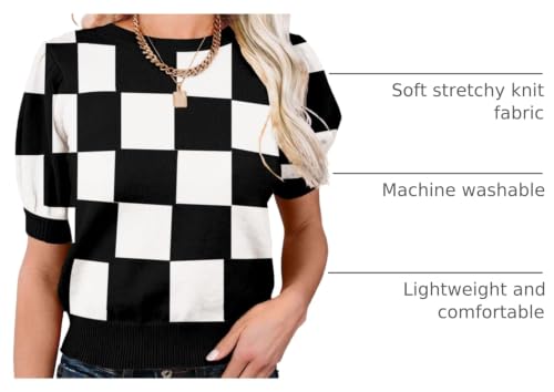 Image of Womens Puff Short Sleeve Sweater Tops Crewneck Basic Knit Pullover Lightweight Casual Sweaters