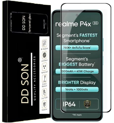 Image of DD SON Premium HD+ Tempered Glass Screen Protector Guard Compatible For Realme P4X 5G (6.72 Inch, Pack of 1) | Edge to Edge Coverage With Easy to installation kit for Smartphone