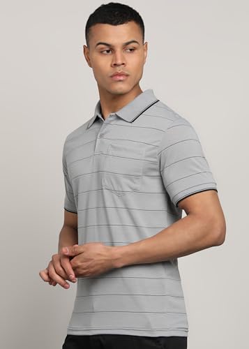 Image of INKKR Men Striped Polo Neck Cotton Blend T-Shirt