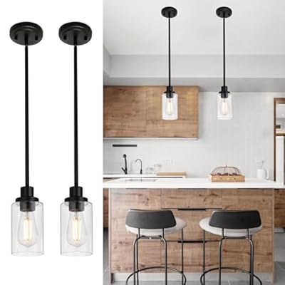 MELUCEE 2-Pack Pendant Light Black Adjustable Hanging Light Fixtures Ceiling with Clear Glass Shade, Set of Two Mini Pendant Lighting for Kitchen Island Hallway Porch Corridor