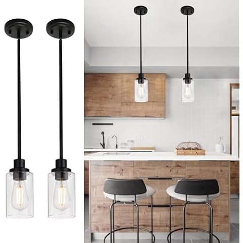 MELUCEE 2-Pack Pendant Light Black Adjustable Hanging Light Fixtures Ceiling with Clear Glass Shade, Set of Two Mini Pendant Lighting for Kitchen Island Hallway Porch Corridor Cover
