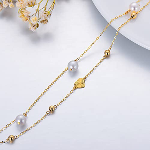 Sisgem 14K Real Gold Pearl Heart Anklet For Women,Yellow Gold Pearls Dangle Anklets Beach Anklet Station Beads Foot Double Link Birthday Gifts For Her 8''+2'' #TOP2