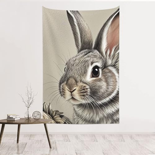 Tapisserie lapin pour salon, grand textile mural pour studio cocooning