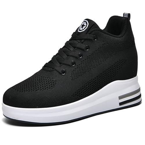 JAOOUU Sneaker mit Keilabsatz Damen Sneakers Wedge 8cm Bequeme Sportschuhe Leichte Turnschuhe Mesh Freizeitschuhe Atmungsaktive Walkingschuhe Laufschuhe Schwarz 38EU