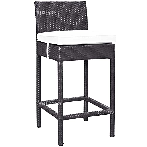 Image of OUTLIVING Rattan Wicker Outdoor Bar Patio Table with 4 Chairs Set for Home Graden Balcony 4 Seater High Bar Patio Furniture Table and Chairs - (White Cushion, Brown)