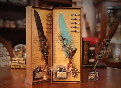 Hapfulling Retro Feather Pen Water-Dipped Quill Pen Set For Writing Calligraphy Pen Set Back To School Gifts 6 Replacement Pen Tips Mechanical Wings Gear Decoration(Blue) #TOP1