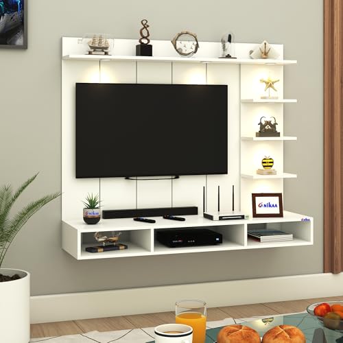 Image of Anikaa Tyron Engineered Wood Wall-Mount TV Unit with PVC Back Panel & LED Lights | TV Cabinet with Storage Box & Decorative Shelves (White) | Ideal for TVs up to 55 Inch | DIY Installation