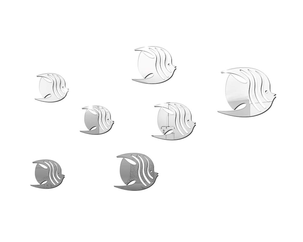 HOYOYO 7 Pcs Fish Acrylic Wall Sticker, Silver Acrylic 3D Mirror Reflective Modern Acrylic DIY Art Wall Decal Home Living Room TV Background Decoration Detachable