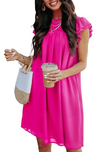 Image of KIRUNDO Wedding Guest Shift Dresses for Women Short Spring Summer Ruffle Cap Sleeve Chiffon Babydoll Flowy Mini Sundress(Bright Rose Red, Large)